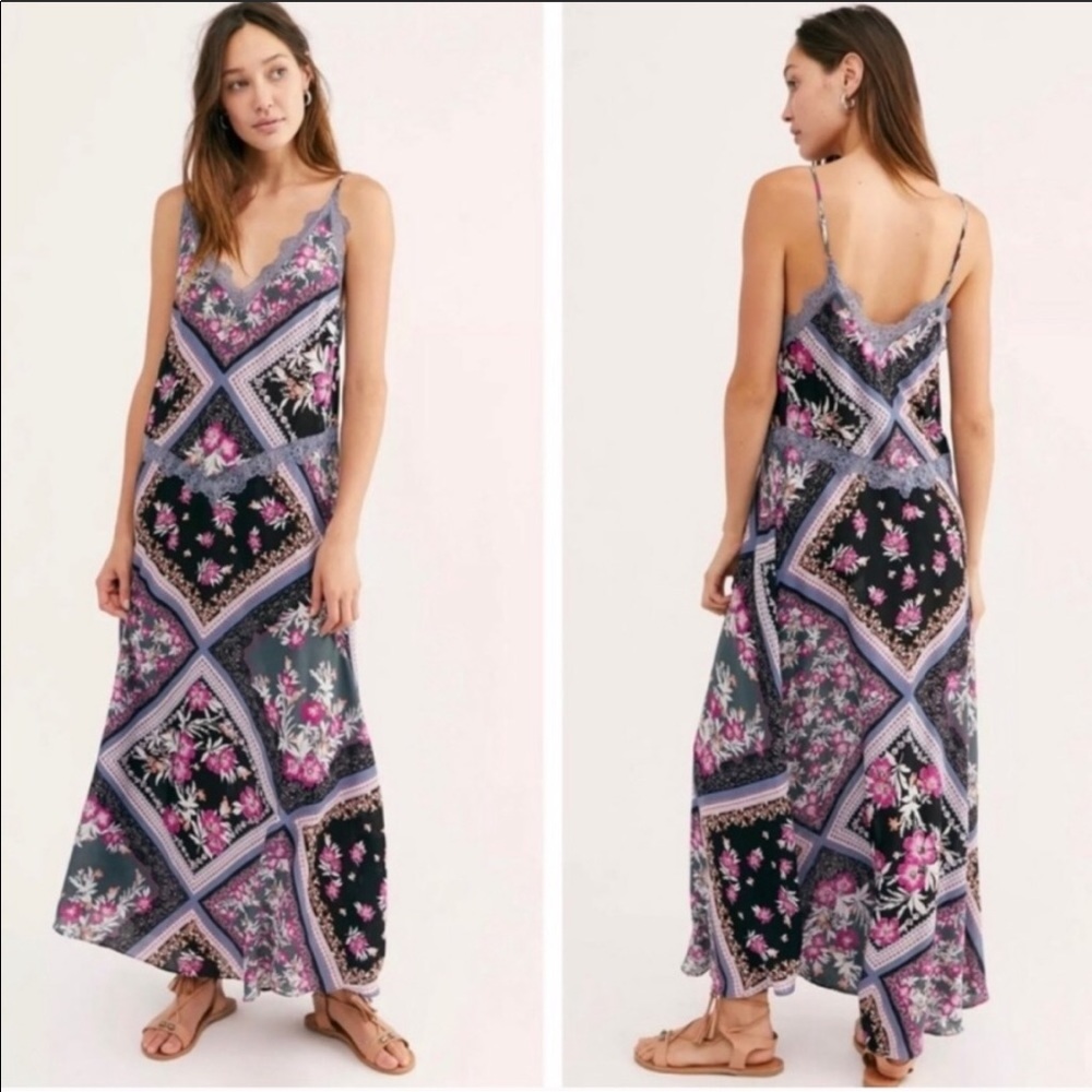 Free People Stevie Lace Trim Maxi Slip Dress NWT Purple Summer Size X Small